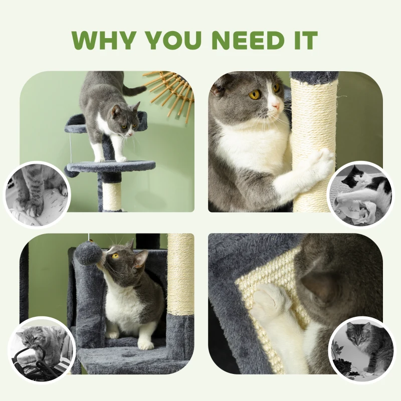 PawHut 54" Cat Tree, Multi-Level Cat Tower with Scratching Posts, Cat Condos, Bed, Platforms, Ramp, Toy Ball, Dark Grey