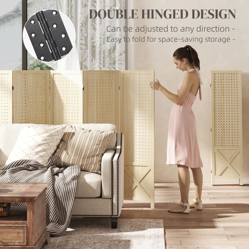 HOMCOM Wooden Room Divider with Pegboard Display, 6 Panel Folding Privacy Screen for Home Office, Natural Wood