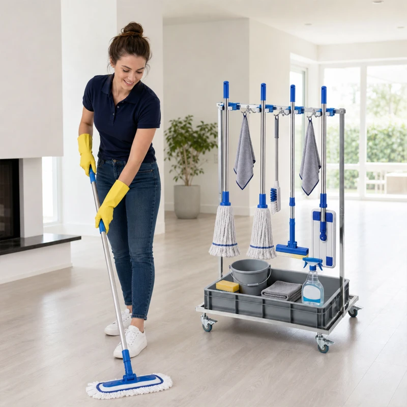 HOMCOM Cleaning Rolling Janitor Cart with Locking Wheels Cleaning Cart with Integrated Drip Tray 4 Casters