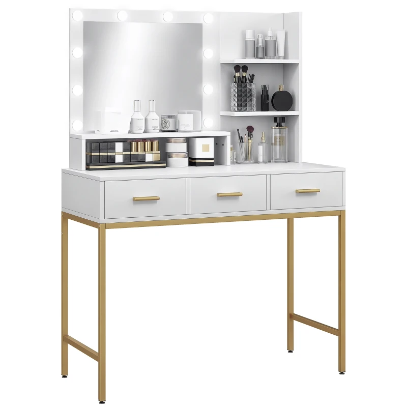 HOMCOM Illuminated Dressing Table, LED Vanity Table with Mirror, 3 Drawers and Storage Shelves for Bedroom, White