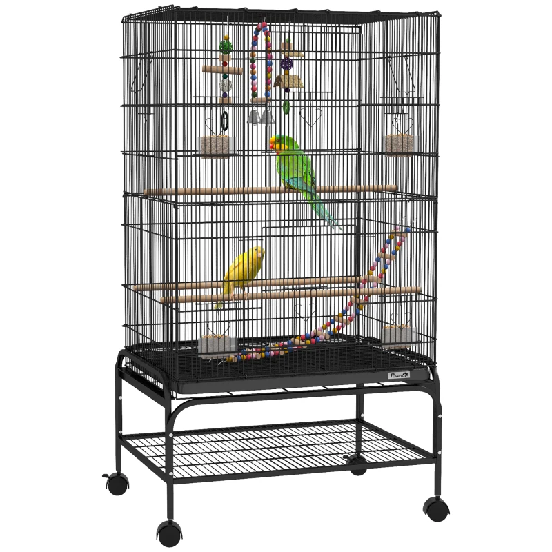 PawHut 43" Bird Cage with Rolling Stand, Toys, for Budgies Canaries Black