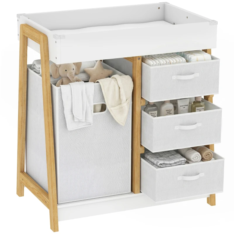 Qaba Baby Changing Table, Diaper Changing Station with Waterproof Pad, 3 Drawers and Large Basket for Newborn & Infant, White