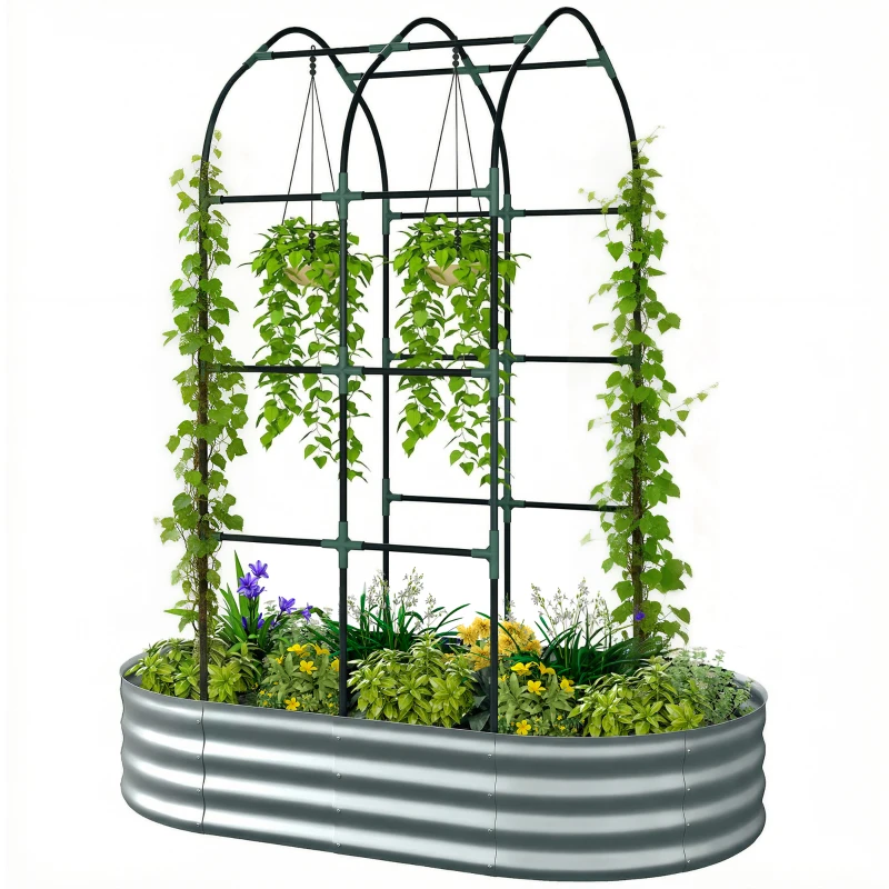 Outsunny Galvanised Raised Garden Bed with Arched Trellis, 5 x 3 x 6ft Metal Outdoor Planter Box with Open Bottom, Silver