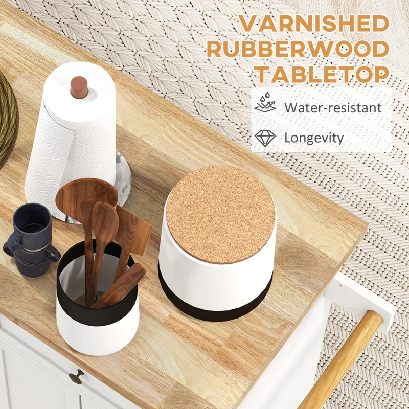 HOMCOM Modern Rolling Kitchen Island Cart with Spice Rack, Distressed White