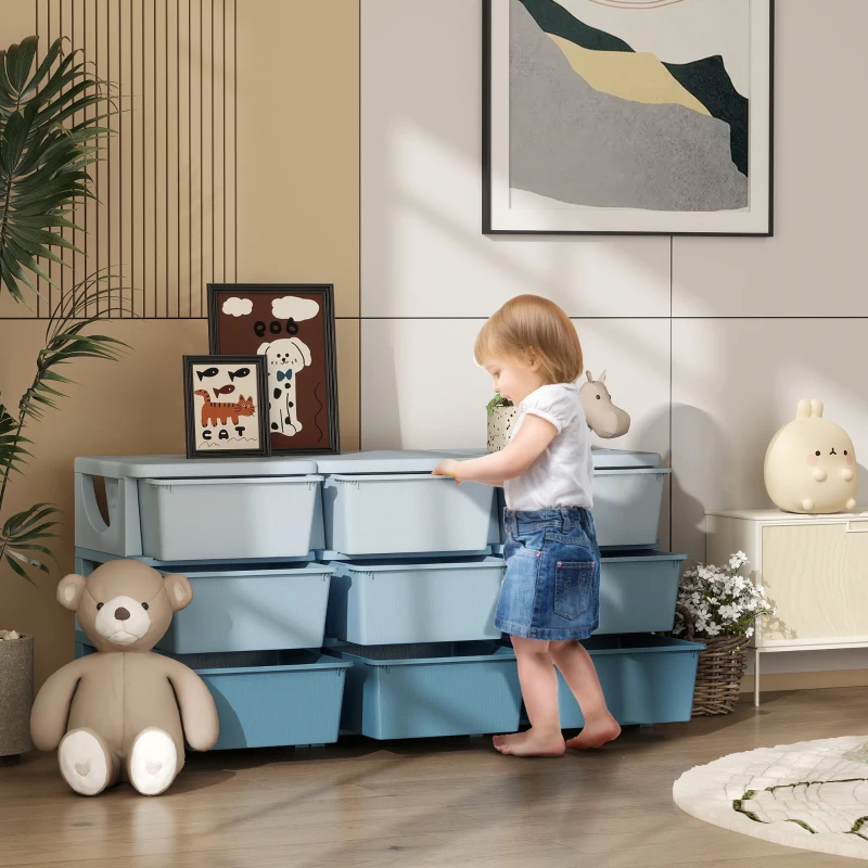 Qaba 29.5" 3 Tier Kids Storage Unit Dresser Tower w/ 9 Drawers, Blue