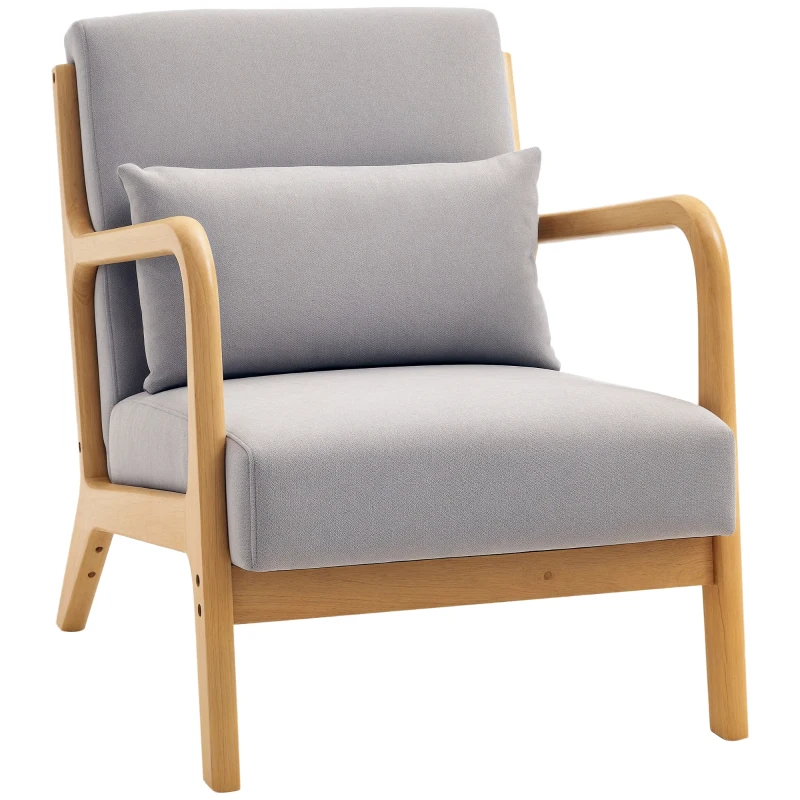 HOMCOM Fabric Lounge Chair, Velvet Armchair, Retro Accent Chair with Wood Legs and Thick Padding for Bedroom, Grey