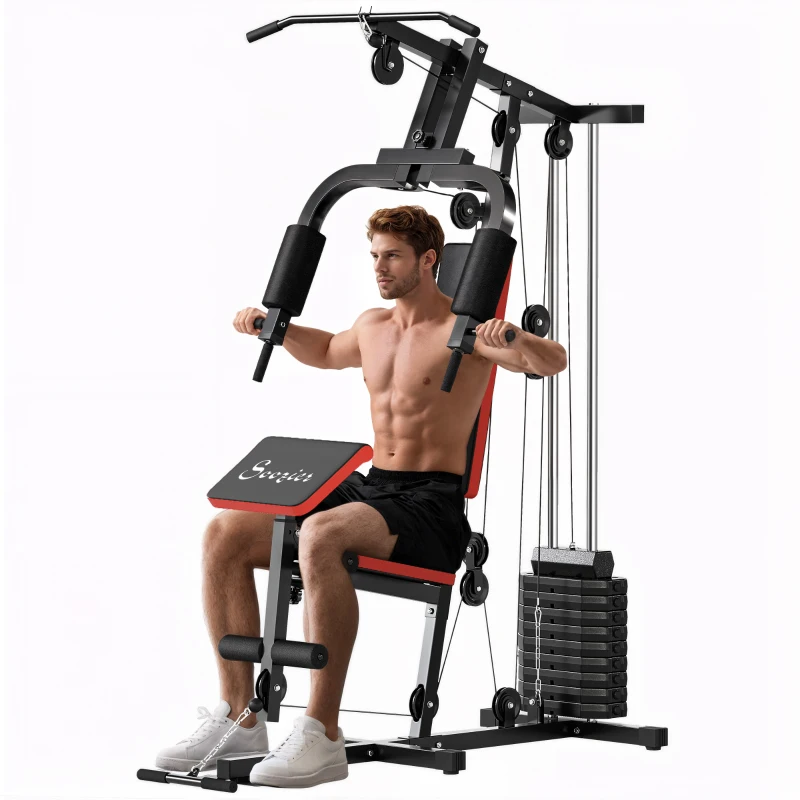 Soozier Home Gym Equipment Weight Training Machine, Multifunction Workout Machine with 143lbs Weight Stack for Full Body Workout and Strength Training, Red