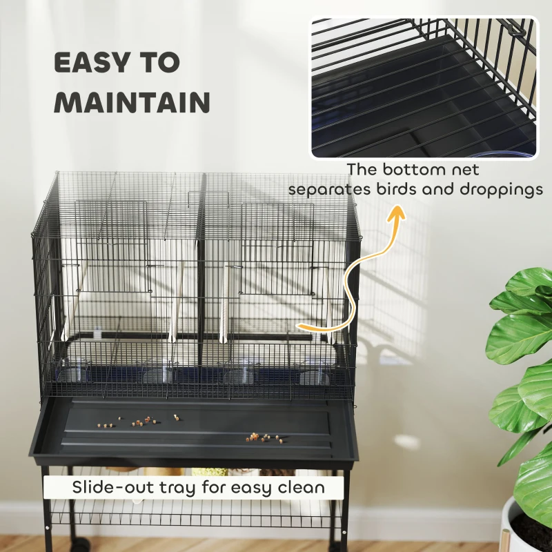 PawHut 46" H Bird Cage, Large Parakeet Cage for Budgie, Lovebird, Canary, Finches with Divider, Black