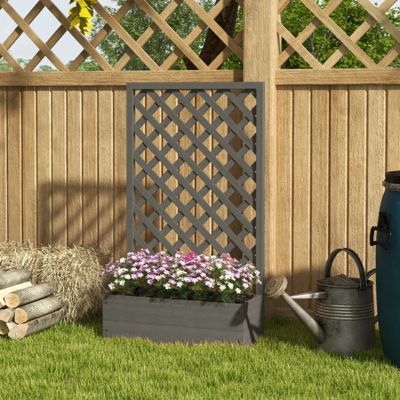 Outsunny Trellis Planter Box for Climbing Plants, Raised Garden Bed w/ Trellis Lattice for Outdoor Garden, Deck, Backyard, Gray