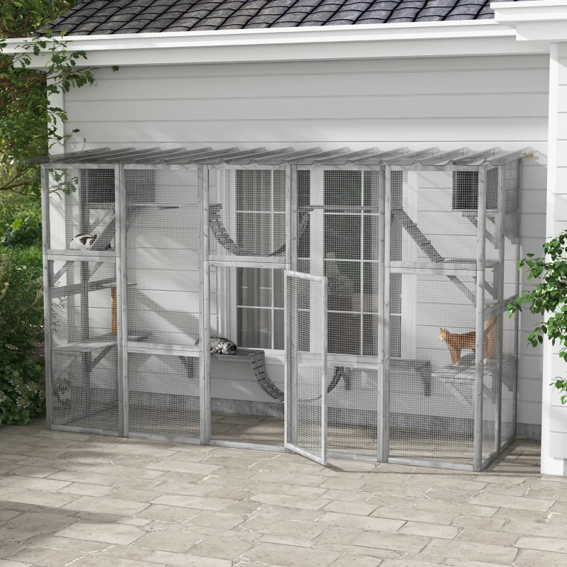 PawHut Catio Playground Cat Window Box Outside Enclosure for Multiple Cats w/ Shelves & Bridges, Gray