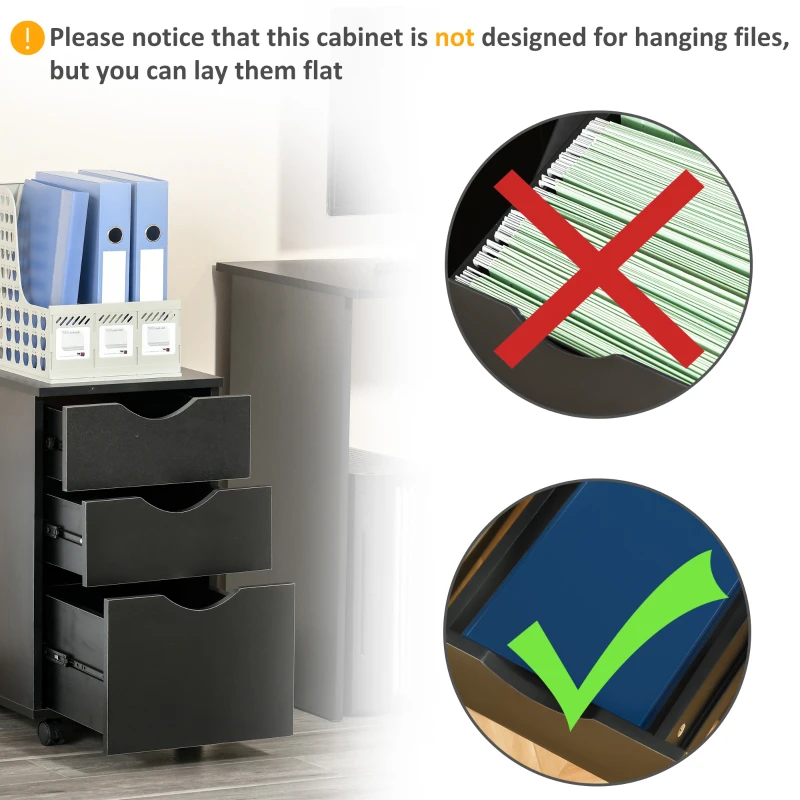 HOMCOM 3 Drawer Mobile File Cabinet with Wheels, Wood Filing Cabinet for Home Office, Rolling Under Desk Cabinet, Black