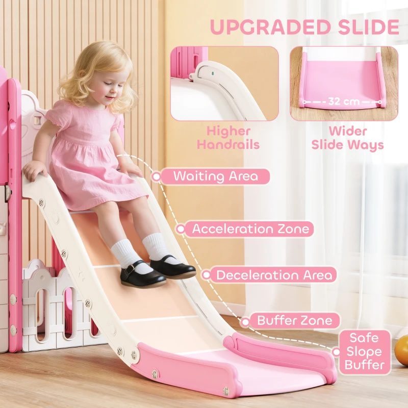 Qaba 7 in 1 Toddler Slide with Basketball Hoop, Climbing Frame, Telescope, Drawing Board, Crawl Tunnel for Ages 1-3, Pink