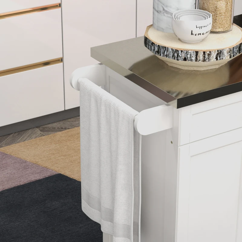 HOMCOM Kitchen Island with Wheels, Rolling Kitchen Island with Storage, Stainless Steel Countertop for Dining Room, Cream White