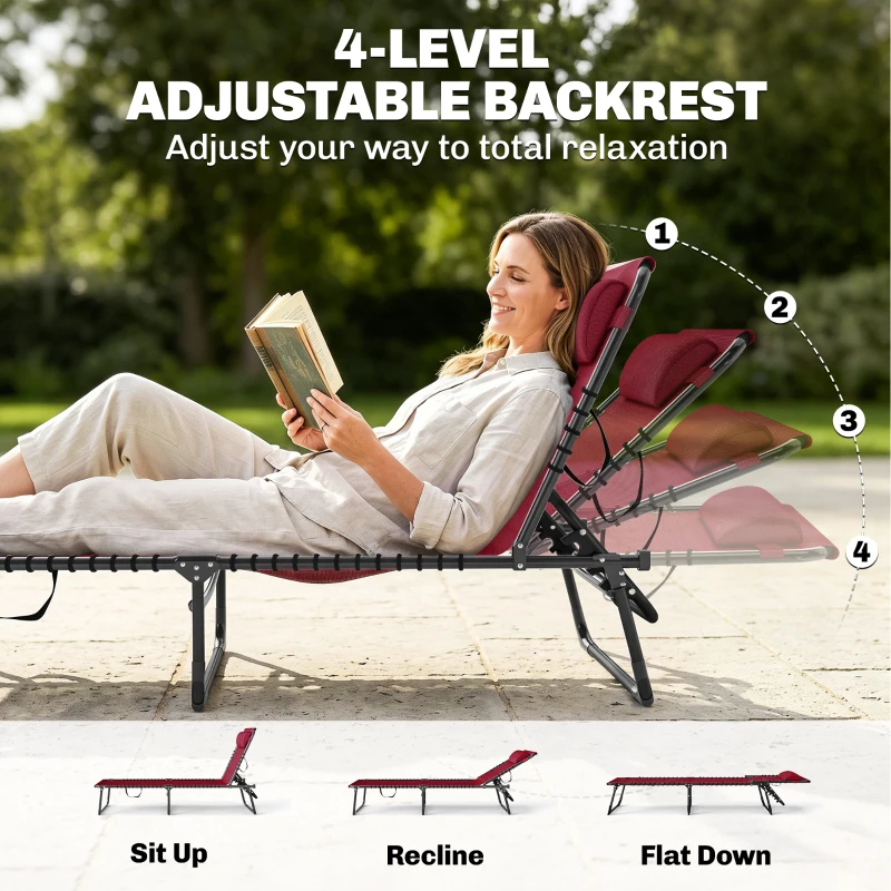 Outsunny Folding Chaise Lounge Pool Chair with 4-Position Reclining Back, Pillow, Breathable Mesh & Bungee Seat, Wine Red