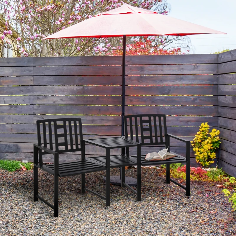 Outsunny Tete-a-Tete Garden Bench with Center Table, Metal Frame, Outdoor 2-Person Loveseat with Armrest for Patio Backyard Porch Black