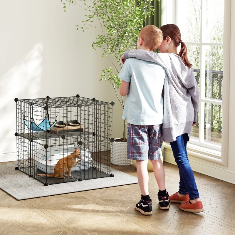 PawHut 2 Tier Cat Cage Crate, DIY Pet Playpen with 2 Doors, Ladder, Hammock, Perch, Indoor Playpen for Kittens, Black