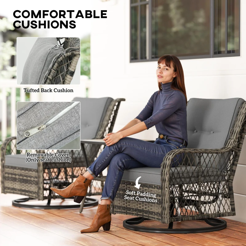Outsunny 3 Piece Outdoor Bistro Set, Wicker Small Patio Furniture Set with Swivel Glider Chairs for Balcony, Porch, Gray