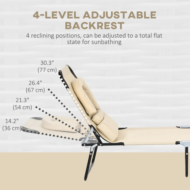 Outsunny Folding Lounge Chair Set of 2, Reclining Beach Tanning Chair with Face Hole, Pillow, 4-Position Adjustable Flat Sun Lounger, Steel Frame for Outdoor Patio Pool, Beige