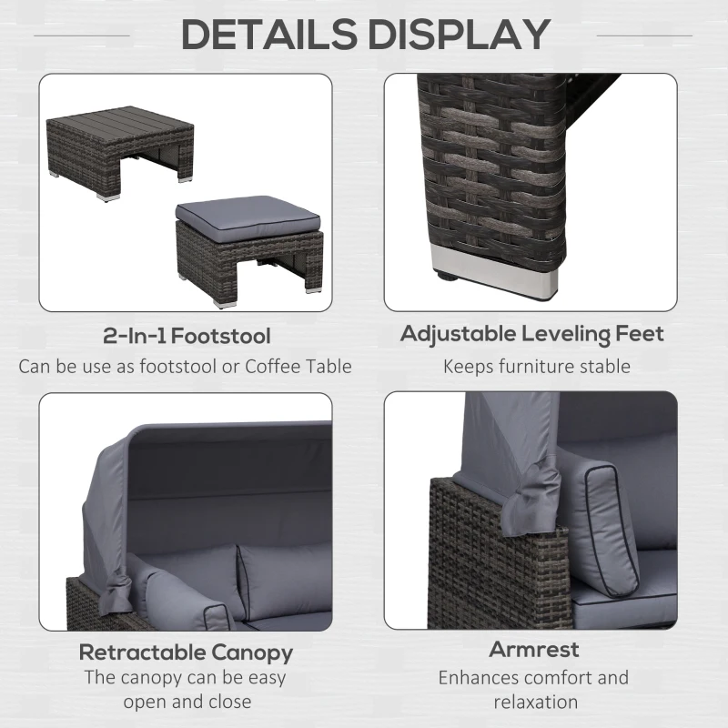 Outsunny Outdoor Daybed with Canopy, 4 Piece Sectional Patio Furniture Set, Cushions, Coffee Table Ottoman, PE Wicker Conversation Sofa Set and Convertible Sunbed, Gray