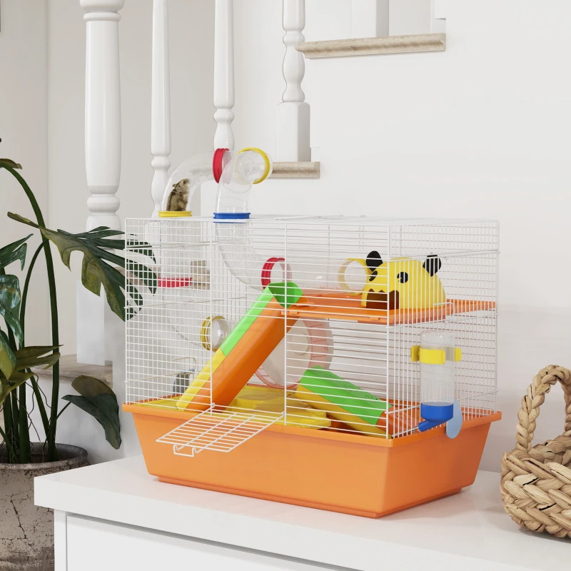 PawHut 3 Tiers Hamster Cage for Gerbil, Dwarf Hamster with Tunnels, Water Bottle, Exercise Wheel, 18" x 11" x 15" - Orange