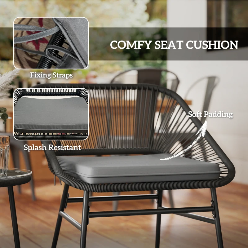Outsunny 3 Piece Bistro Set, Wicker Outdoor Patio Furniture Set with Glass Top Table, Cushions for Balcony, Porch, Black