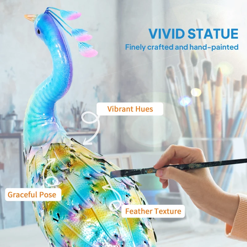 Outsunny Peacock Garden Statue, 32.7" Standing Lawn Ornament, Steel Garden Decor Bird Statue with Stakes for Lawn Patio Backyard Decoration, Sky Blue