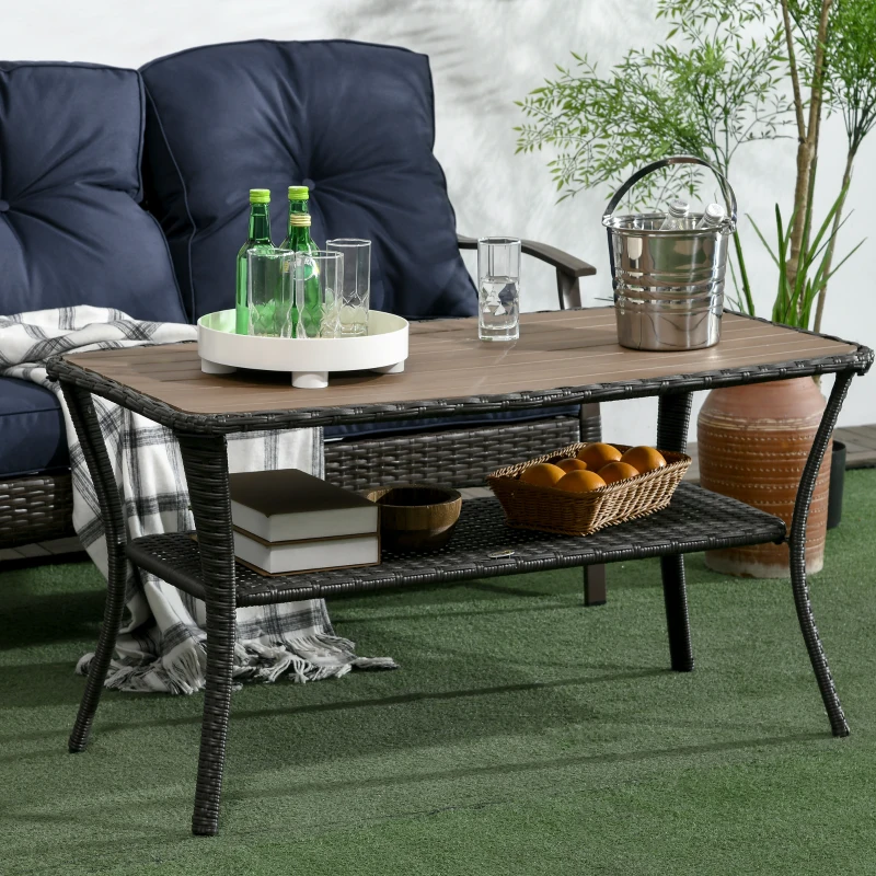 Outsunny Outdoor Patio PE Rattan Coffee Table with Storage Shelf, Wicker Side Table with Wood-Plastic Composite Top, Mixed Brown