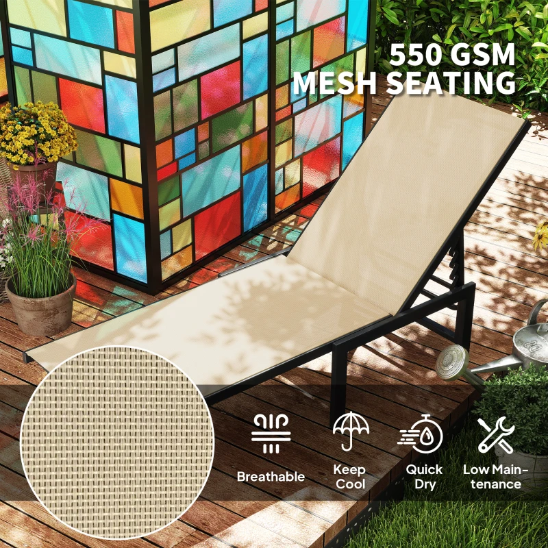 Outsunny Outdoor Lounge Chair Set of 2, 5-Position Reclining Outdoor Chaise Lounge Tanning Chair with Mesh Seat, Khaki