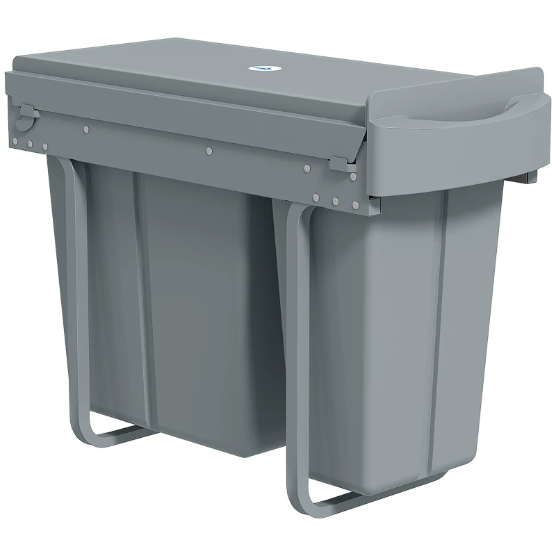 HOMCOM Pull Out Garbage Bin for Kitchen, 7.9 Gallon (30 L) Under Sink Garbage Can, 2 Removable Compartments, Grey