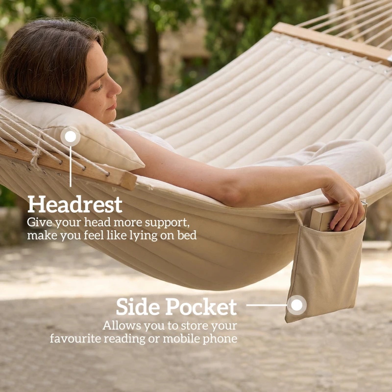Outsunny Outdoor Hammock Padded Camping Hammock with Pillow & Spreader Bars 200 x 140 cm Cream White