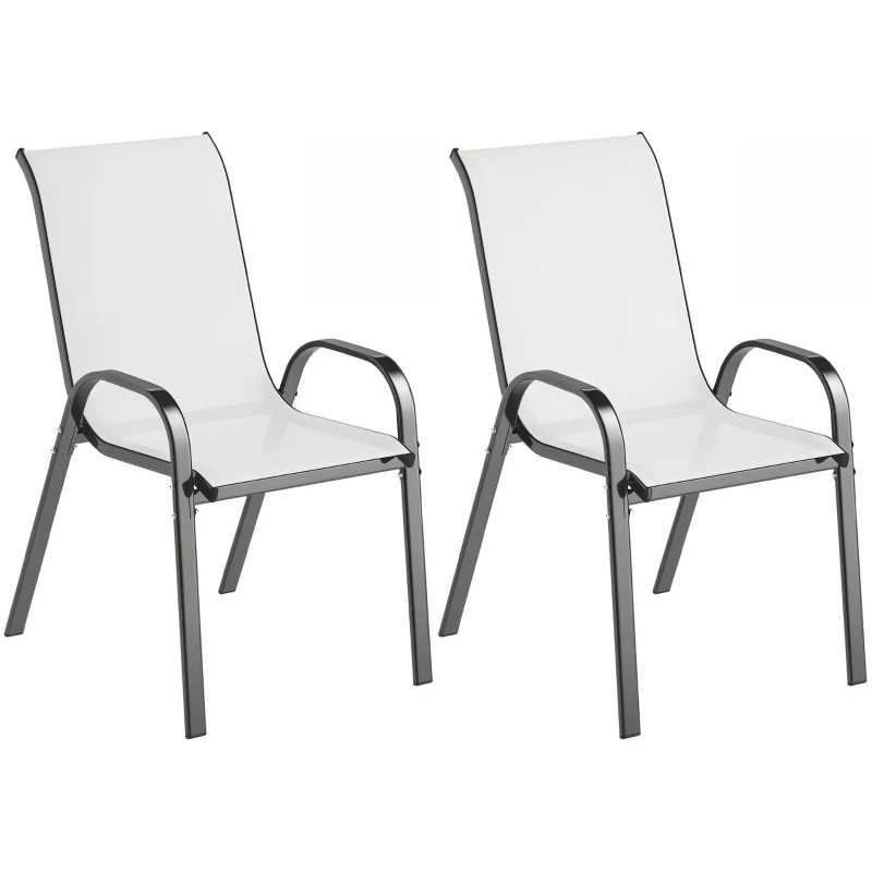 Outsunny Set of 2 Outdoor Dining Chairs, Stackable Lawn Chairs with High Back, Breathable Mesh Seat for Garden Porch, Light Grey