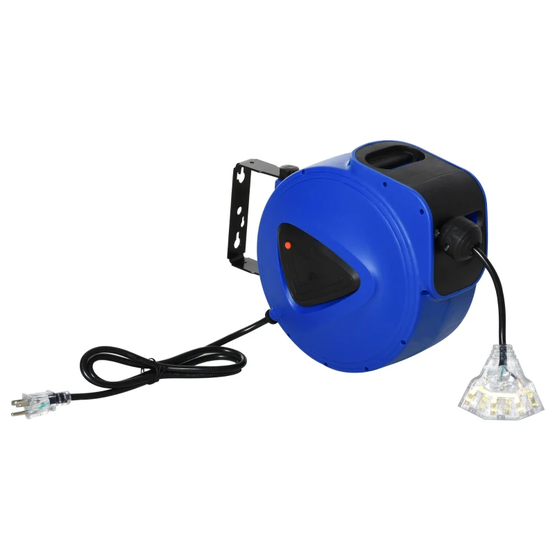 DURHAND 66ft Retractable Extension Cord Reel, Portable Power Cord with Triple Tap Connector Automatic Retract Ceiling Wall Mount Garage Garden, Blue