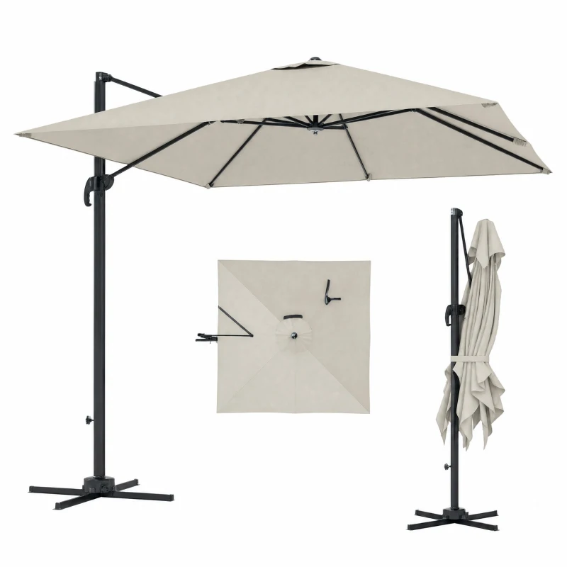 Outsunny 8 FT Aluminium Cantilever Patio Umbrella with 360° Rotation, Cross Base, Crank and Tilt for Garden, Patio, Light Grey
