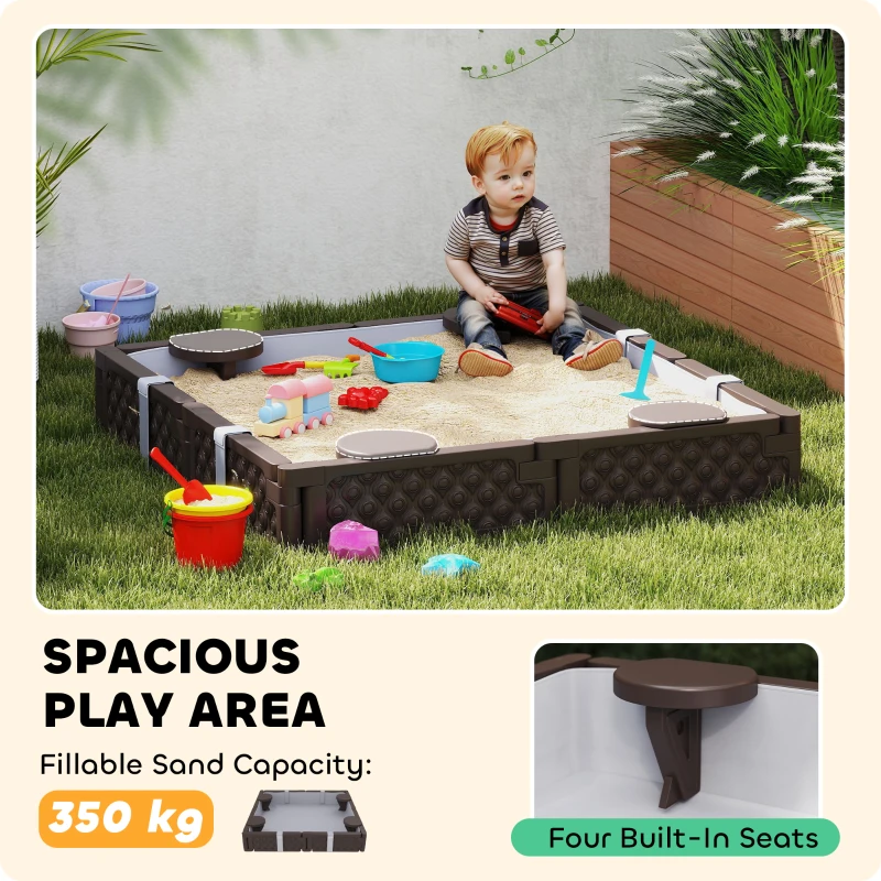 Qaba Kids Sandbox with Cover, 4 Corner Seats, Bottom Liner for Backyard, Garden, Outdoor, 47" x 47" x 9", Dark Brown