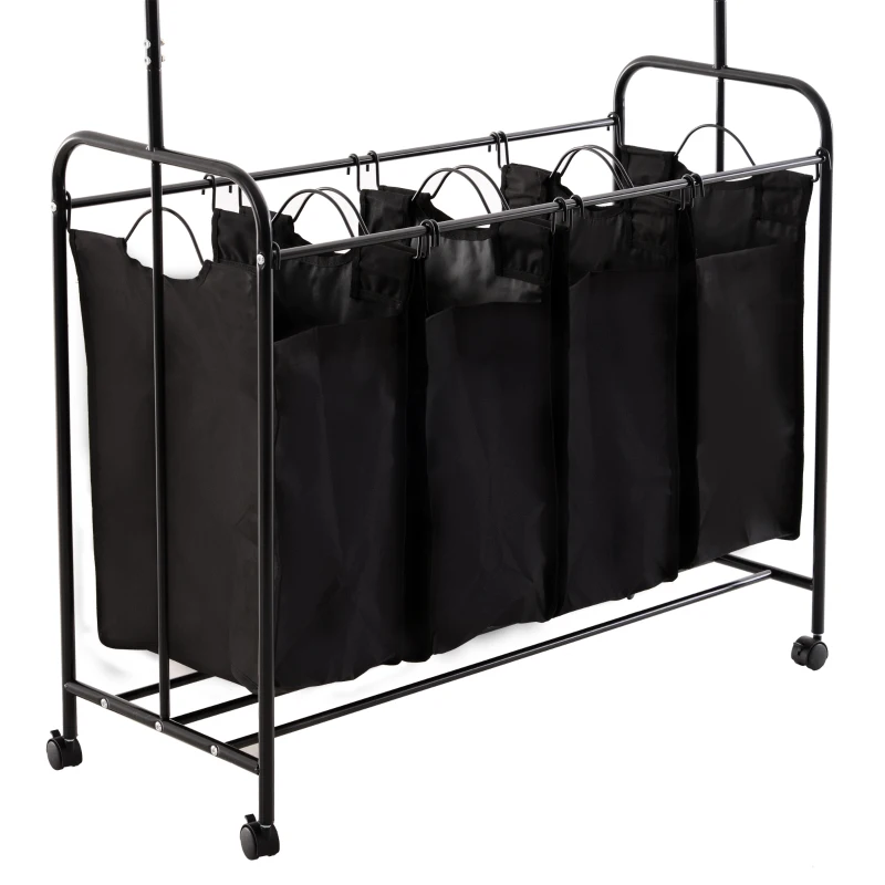 HOMCOM 4-Bag Rolling Laundry Sorter Cart Heavy Duty with Hanging Bar Large Washing Bag and Wheels Laundry Storage Black