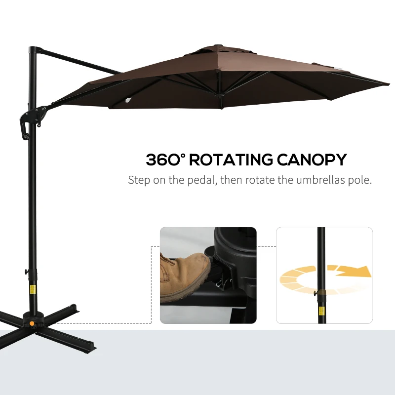 Outsunny 10' Hanging Tilt Offset Cantilever Patio Umbrella with 6-Level Adjustable Angle, Base Stand, UV Fighting Canopy, & 360° Rotation, Coffee