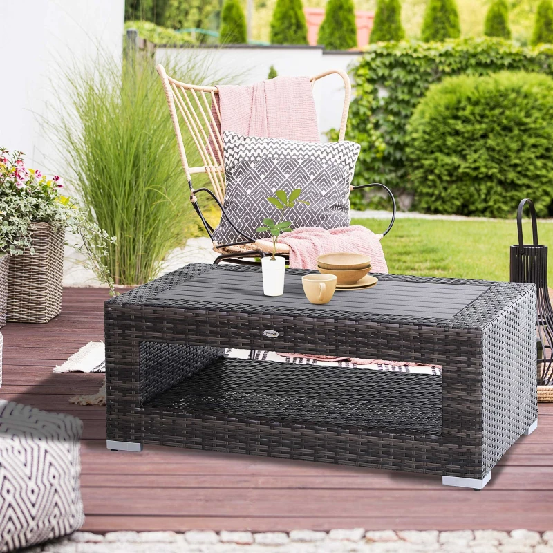 Outsunny Wicker Coffee Table with Height Adjustable Feet, 2 Tier Storage Shelf, Rattan Wicker Patio Table with Deluxe Slatted Top for Outdoor, Patio, Garden, Backyard, Mixed Grey