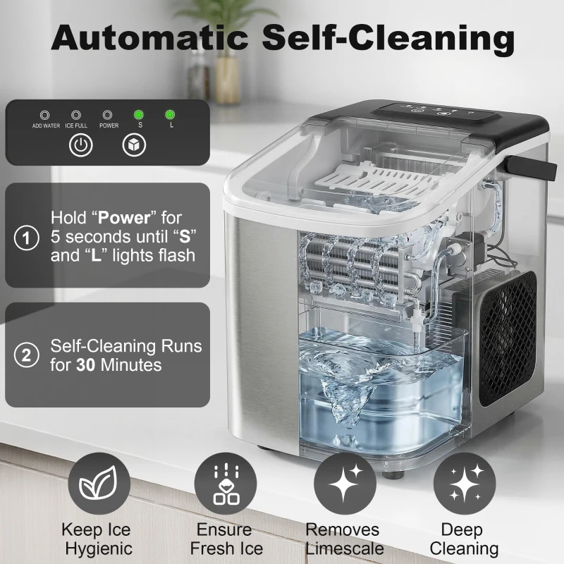 HOMCOM Portable Ice Maker Countertop, Self-Cleaning Ice Machine with 2 Bullet Ice Sizes, Ice Scoop, Silver