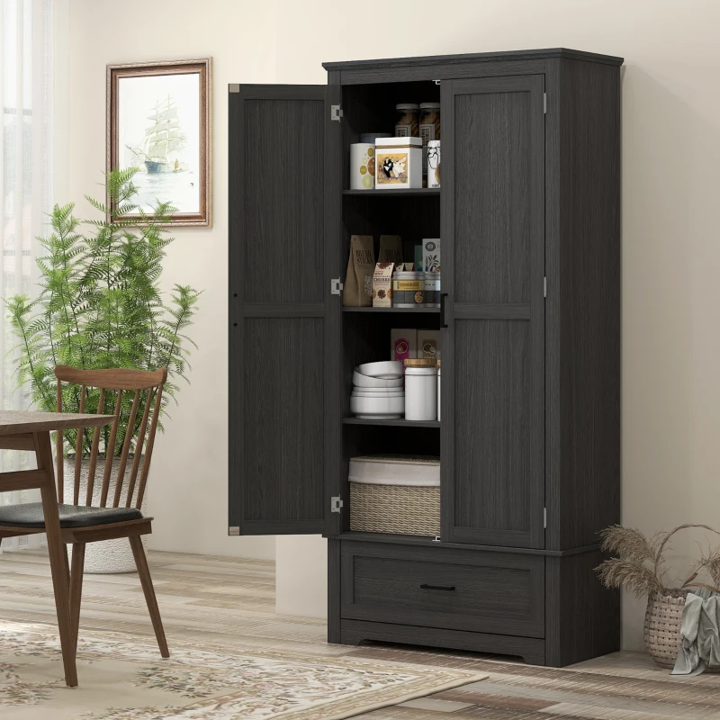 HOMCOM 69" Tall Farmhouse Kitchen Pantry Cabinet with 2 Doors, Drawer and Adjustable Shelves, Black Wood Grain