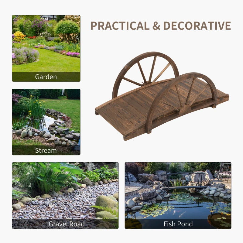 Outsunny 3.3ft Wooden Garden Bridge Arc Footbridge with Half-Wheel Style Railings & Solid Fir Construction, Stained Wood
