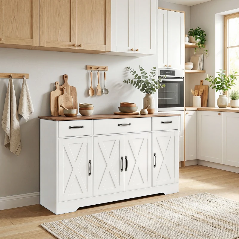 HOMCOM Sideboard Buffet Cabinet, 55" Farmhouse Kitchen Cabinet with 4 Barn Doors, 3 Drawers, 3 Adjustable Shelves, White