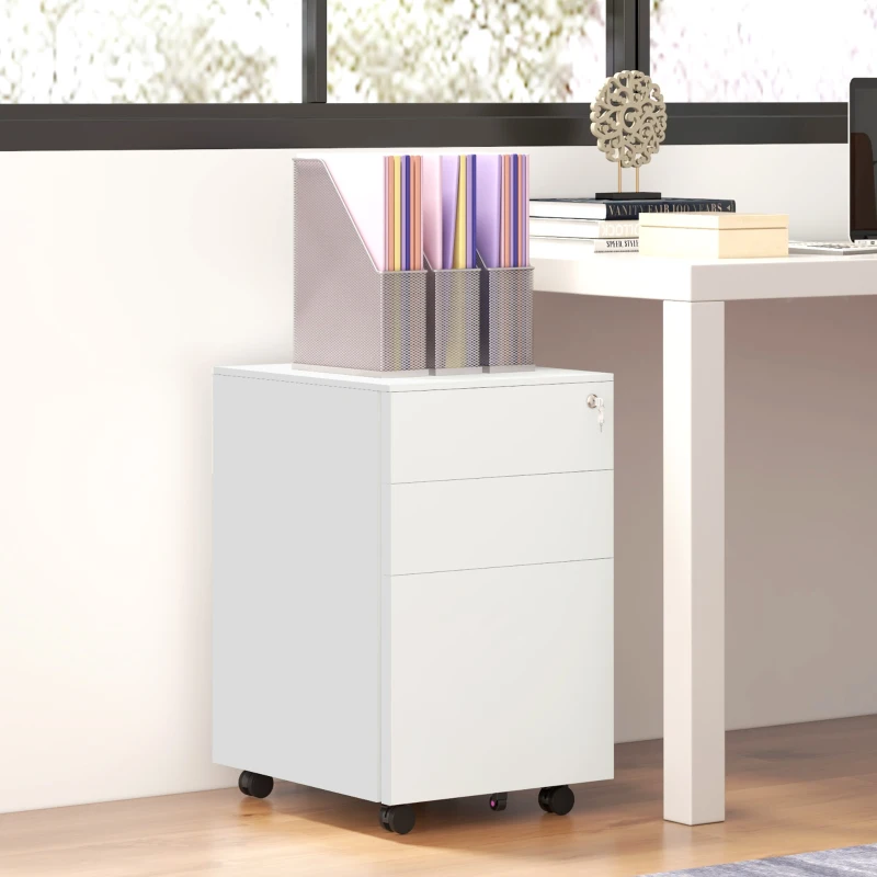 Vinsetto Vertical Steel Filing Cabinet on Wheels, 3-Drawer Lockable File Cabinet with Adjustable Hanging Bar for A4, Legal and Letter Size, for Home Office, White