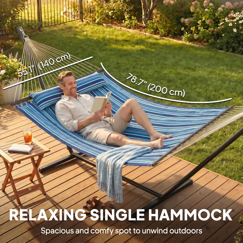 Outsunny Hammock with Stand Heavy Duty Camping Hammock with Steel Frame for Patio Backyard Blue and White