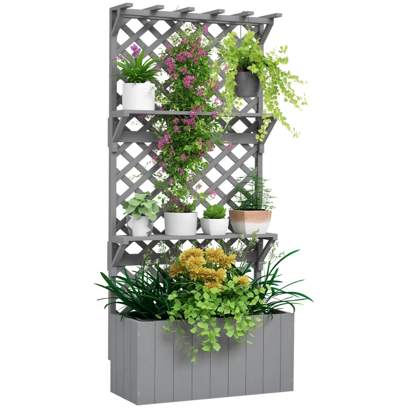 Outsunny Raised Garden Bed, Wooden Planter with Trellis, Hanging Roof, Plant Shelf, Drainage Holes and Bed Liner, Grey