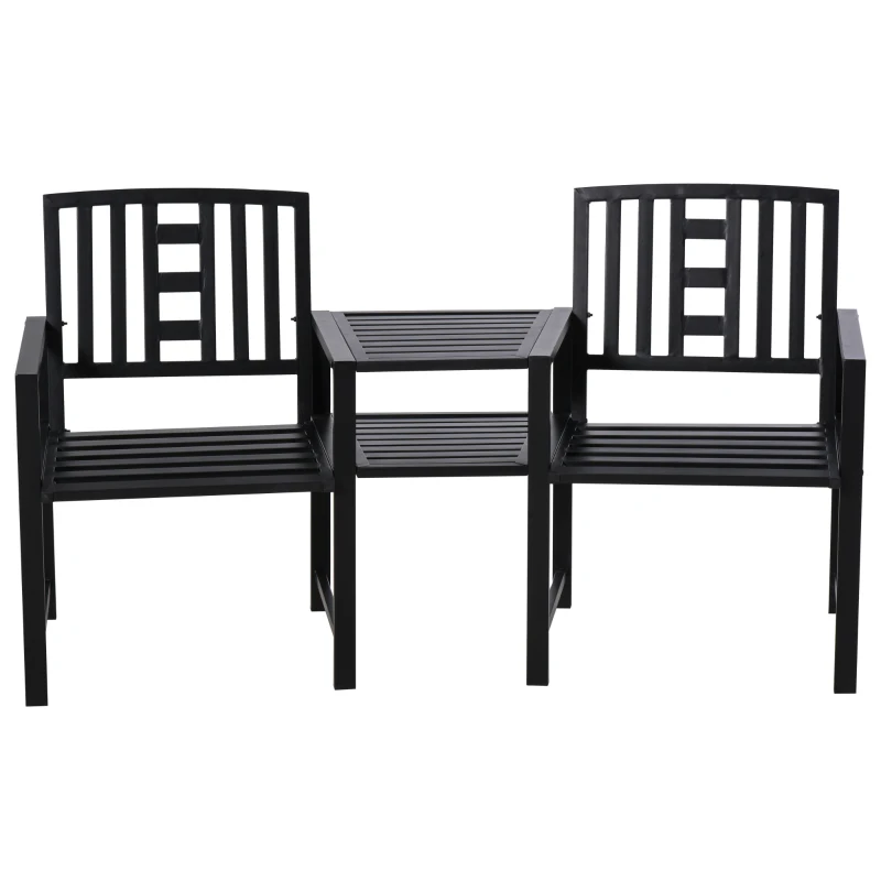 Outsunny Tete-a-Tete Garden Bench with Center Table, Metal Frame, Outdoor 2-Person Loveseat with Armrest for Patio Backyard Porch Black