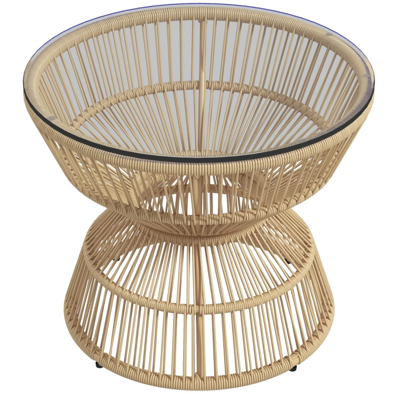 Outsunny Rattan Outdoor Coffee Table, Patio End Table with Tempered Glass Tabletop & Steel Frame, Wicker Furniture, Nature Wood