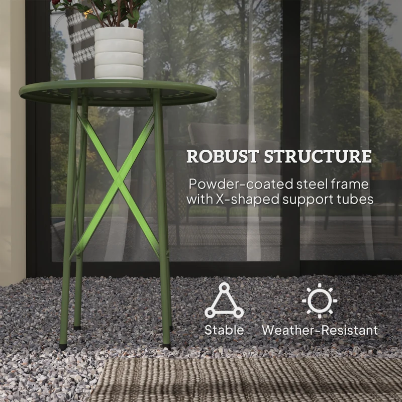 Outsunny 15.7" Round Garden Table with Floral Cut-Out, Steel Balcony Side Bistro Coffee Table with Adjustable Feet, Green