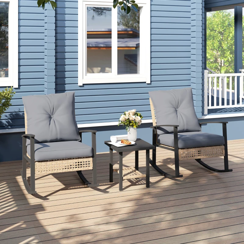 Outsunny 3 Pieces Bistro Set, Patio Wicker Furniture Set with Button Tufted Cushions, Rattan Rocking Chairs, Coffee Table, Gray