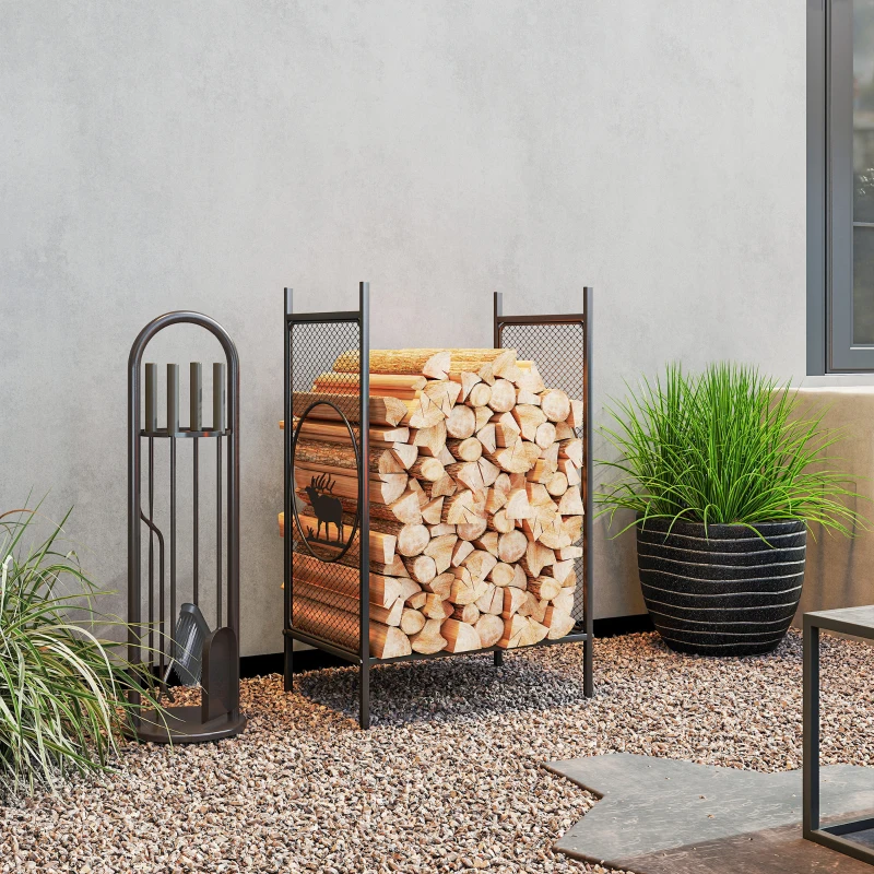 Outsunny Firewood Rack Outdoor, 19" Heavy Duty Metal Fireplace Log Holder with Mesh Sides and Decorative Deer Patterns