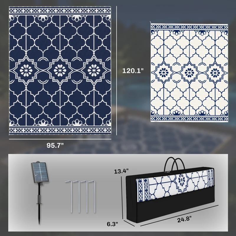 Outsunny Reversible Outdoor Rug Carpet with LED Lights, 10' x 8' PP Straw Rug with Carry Bag and Ground Stakes
